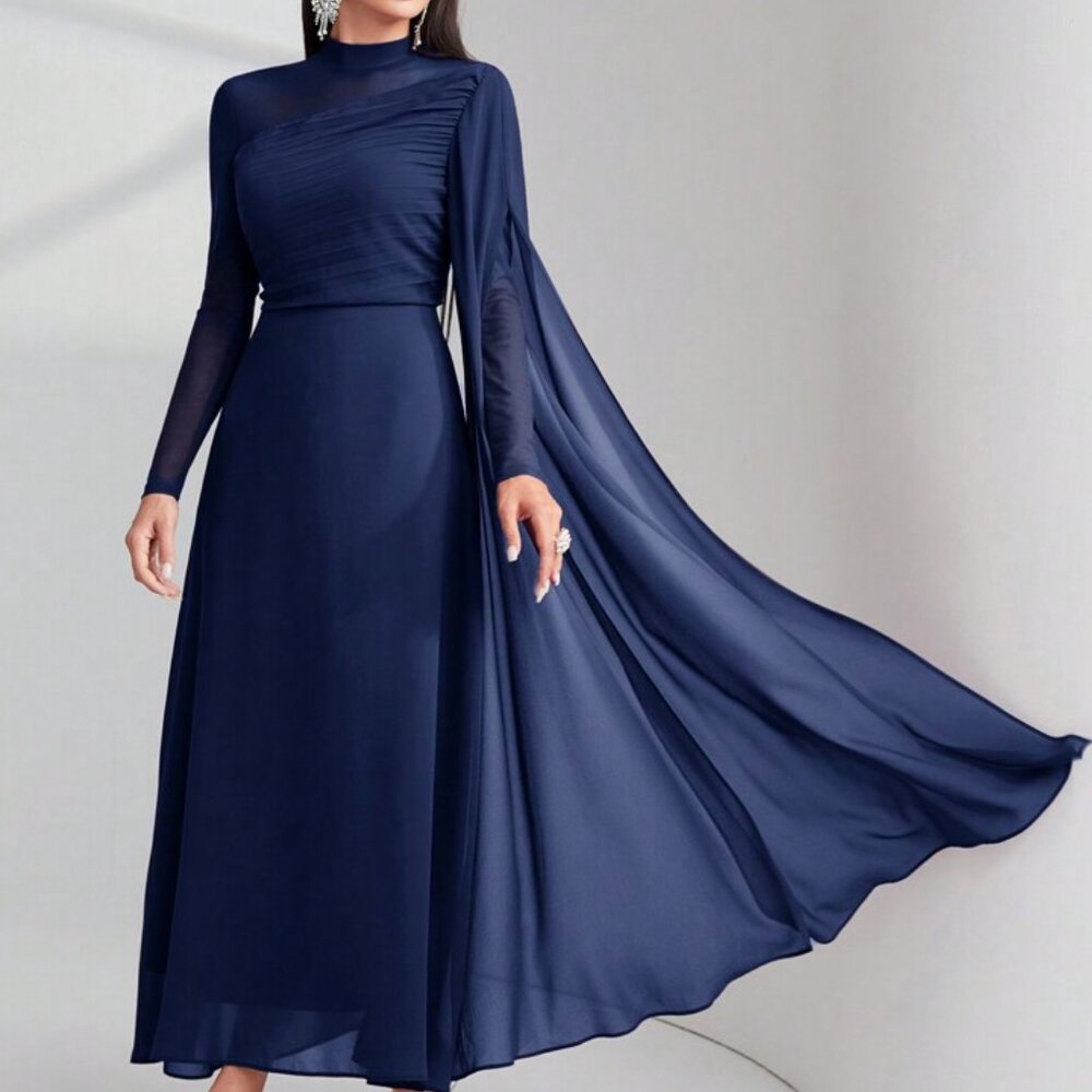 Navy Mesh Splicing Long Sleeve Dress Long Evening Dresses